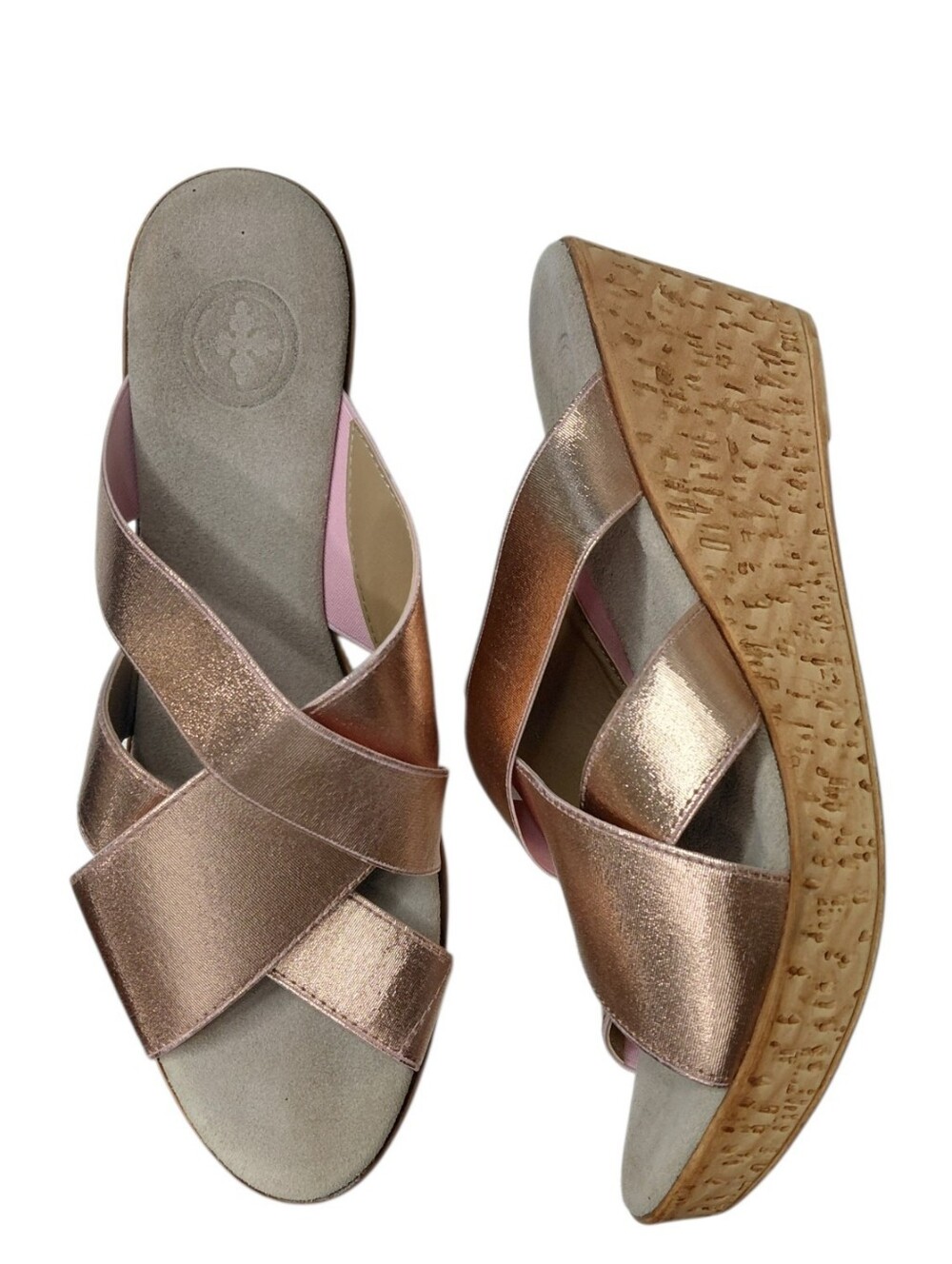 CHARLESTON SHOE CO. Metallic Rose Gold Cork Wedge Slide Sandals
